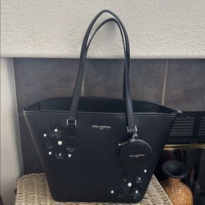 Karl Lagerfeld Black Tote with Floral Accents